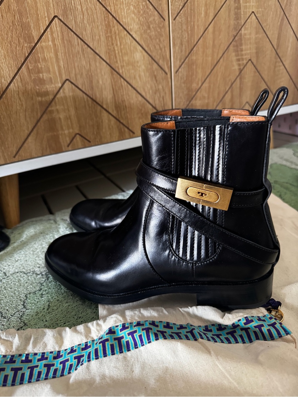 Tory Burch Black Leather Ankle Boots with Gold Accent